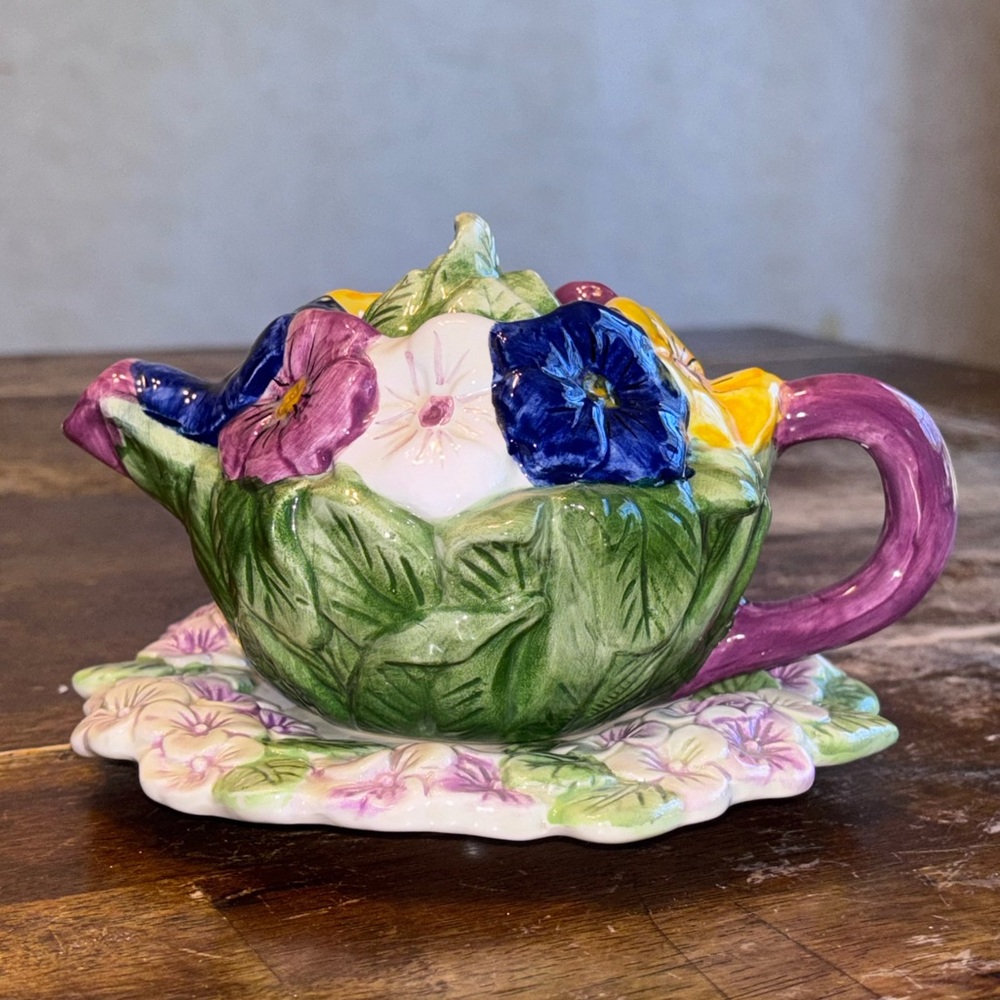 World Bazaars Inc. ceramic pansy floral teapot with under plate